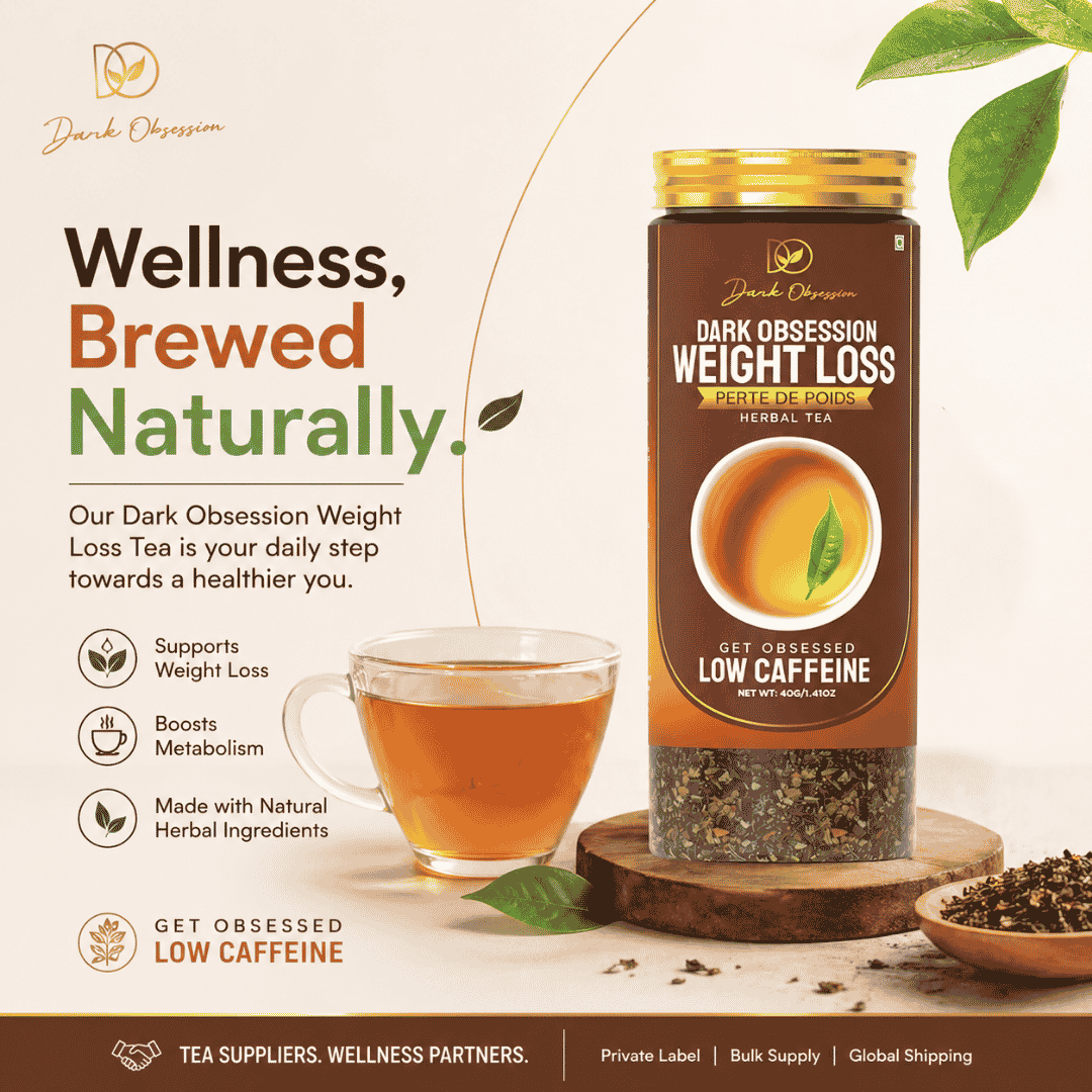 Dark Obsession Weight Loss Herbal Tea with oolong tea, ginger, cinnamon, turmeric, orange peel and lemongrass for metabolism and wellness support.